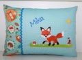 Bild 1 von Kleiner  Fuchs - Personalisierte Kissen, Kindergarten, Geschenk zur Geburt, Kissen mit Namen  / (Stoffvariante) blau Punkte / (Kissenvariante/Größe) 20x30 cm Rücks.Teddy / (Geburtsdaten) mit Namen